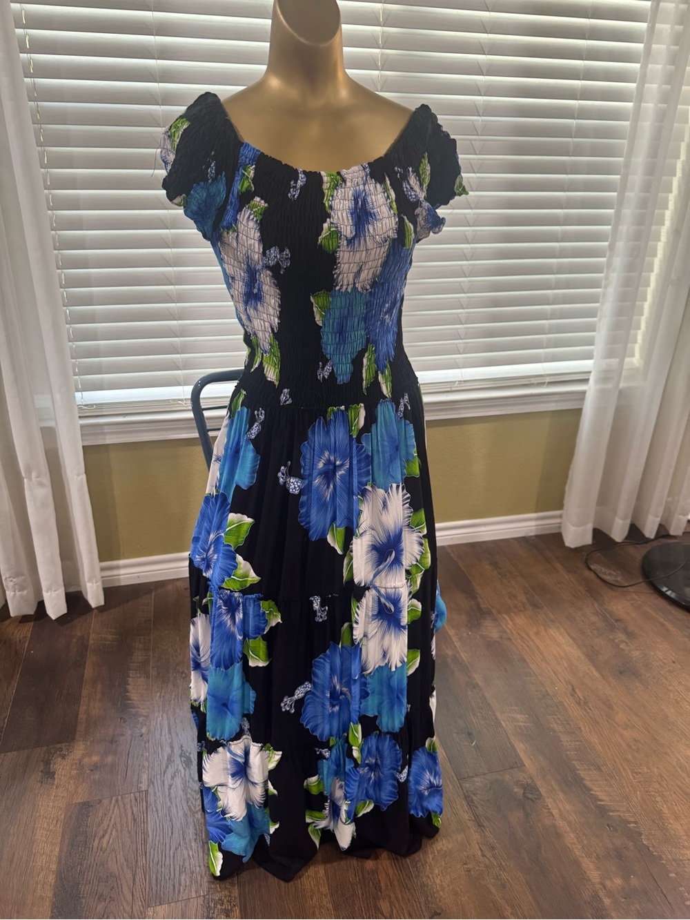 Floral Off-Shoulder Maxi Dress in Black and Blue